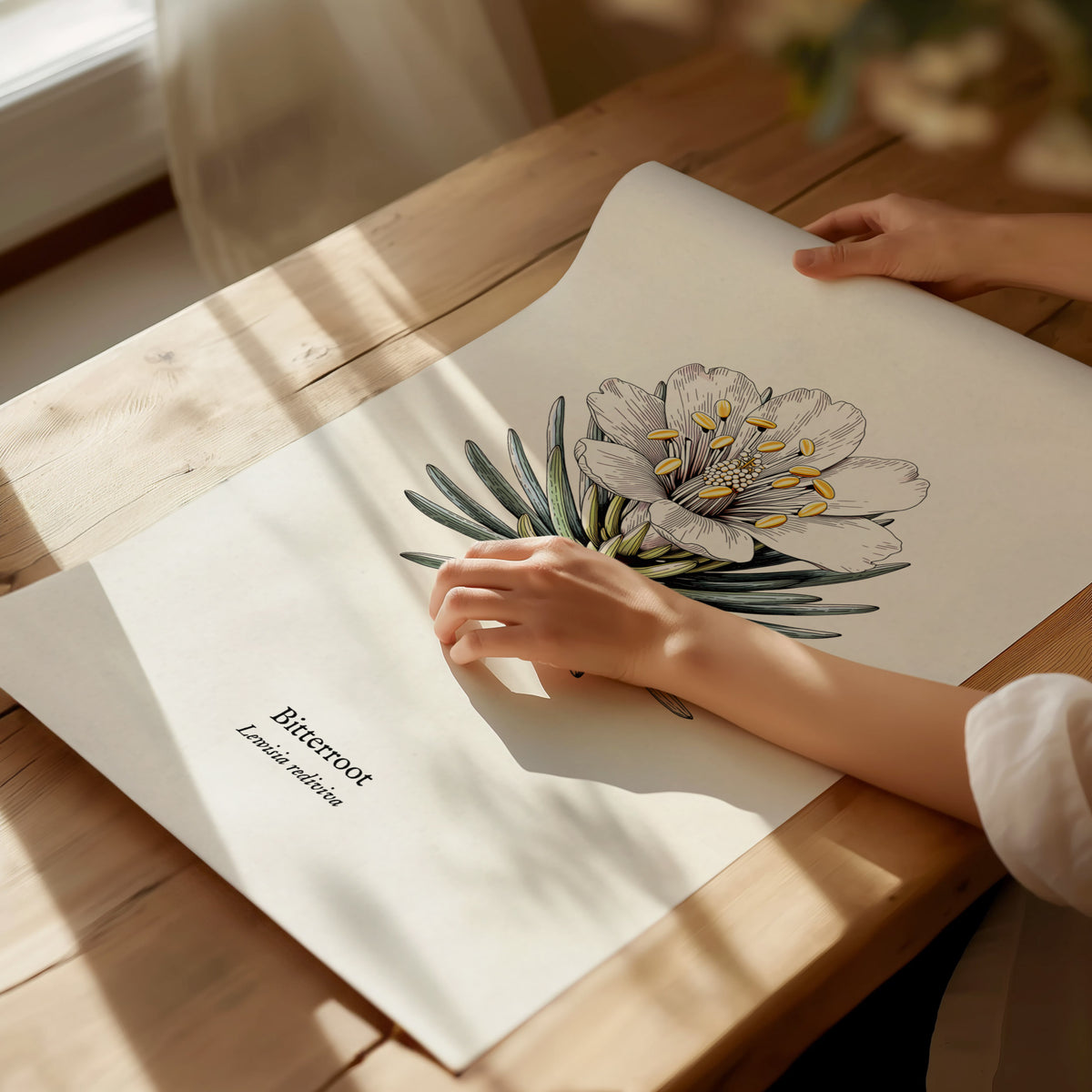 Bitterroot Poster | Lewisia rediviva Pen and Ink Print Vintage Botanical Illustration Wall Art — giclée print detail on matte
