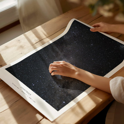 Framed Milky Way night sky poster featuring vibrant stars and cosmic dust in shades of blue and purple, perfect space art for wall decor.