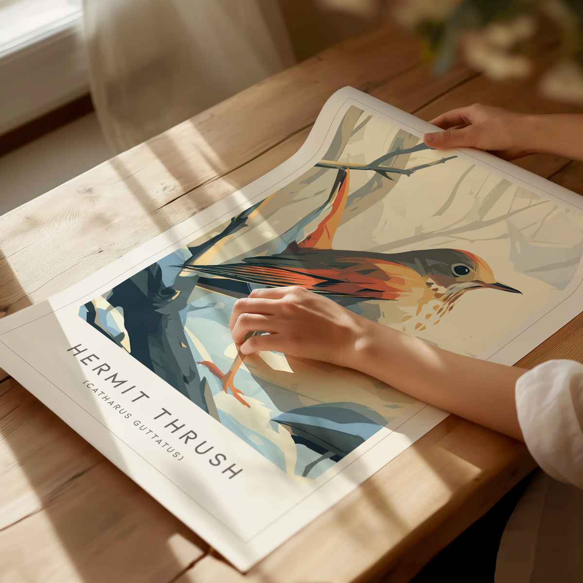 Hermit Thrush Poster | Woodland Songbird Forest Art Wall Art — giclée print detail on matte paper