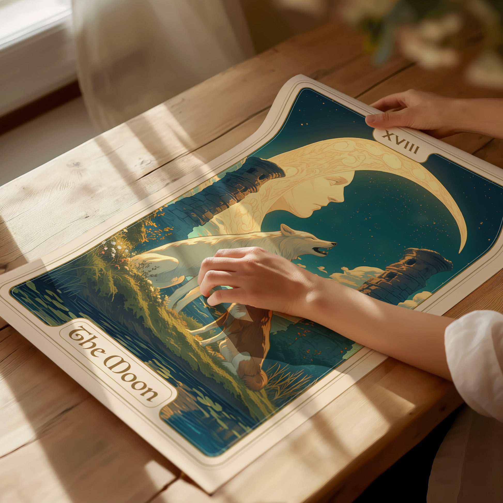 A person examines a tarot poster featuring a crescent moon, two howling animals, and ancient pillars under a starry sky. The poster is labeled The Moon with card number XVIII.