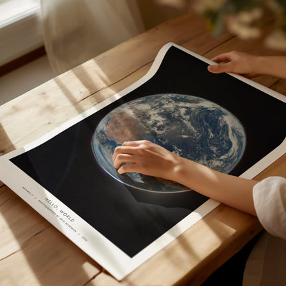 Framed Earth from space poster by Swell Scenes, showcasing vibrant blues, greens, and whites against a black background, perfect for space art lovers.