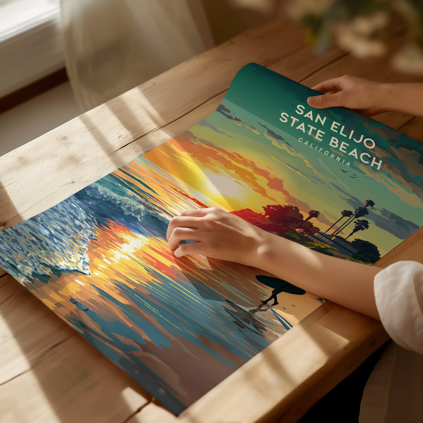 San Elijo State Beach, California Poster | Golden Bluffs & Ocean Breeze Wall Art — giclée print detail on matte paper
