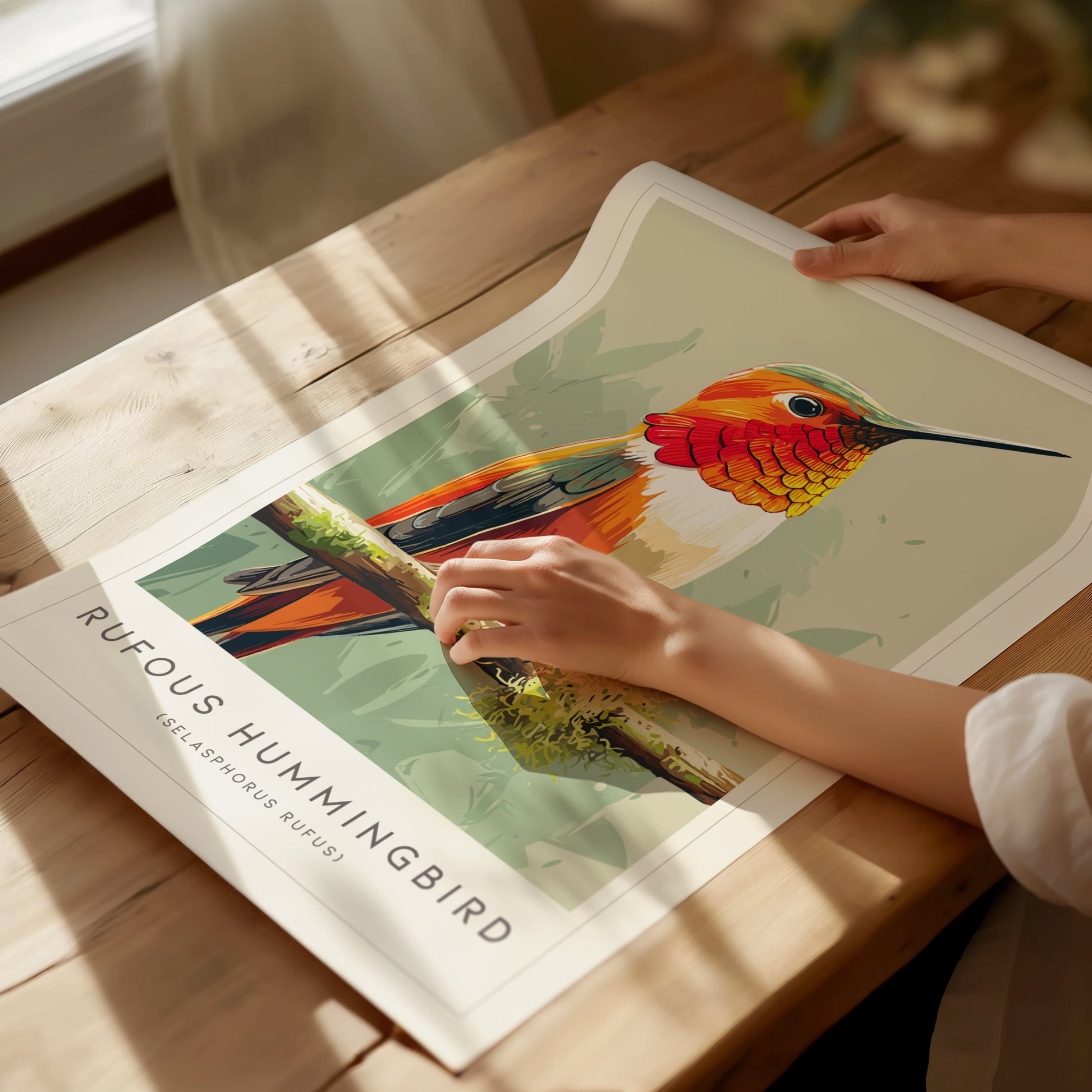 Rufous Hummingbird, Selasphorus rufus Poster | Vibrant Bird Wall Art — giclée print detail on matte paper