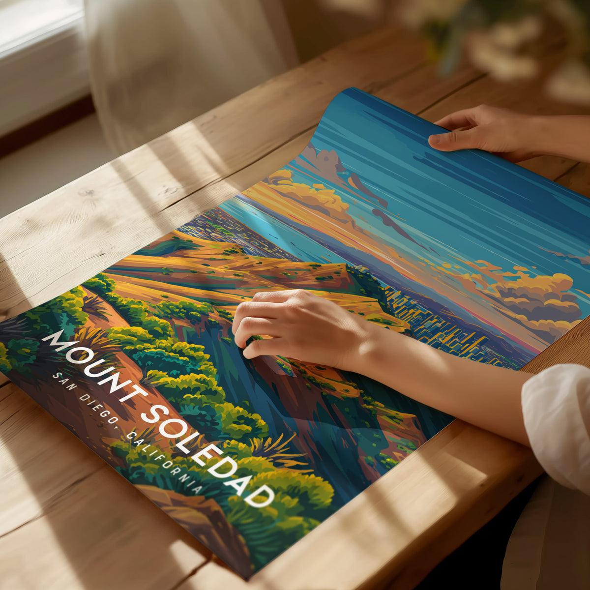 Mount Soledad, California Poster | Cross & Coastline Panoramic View Wall Art — giclée print detail on matte paper