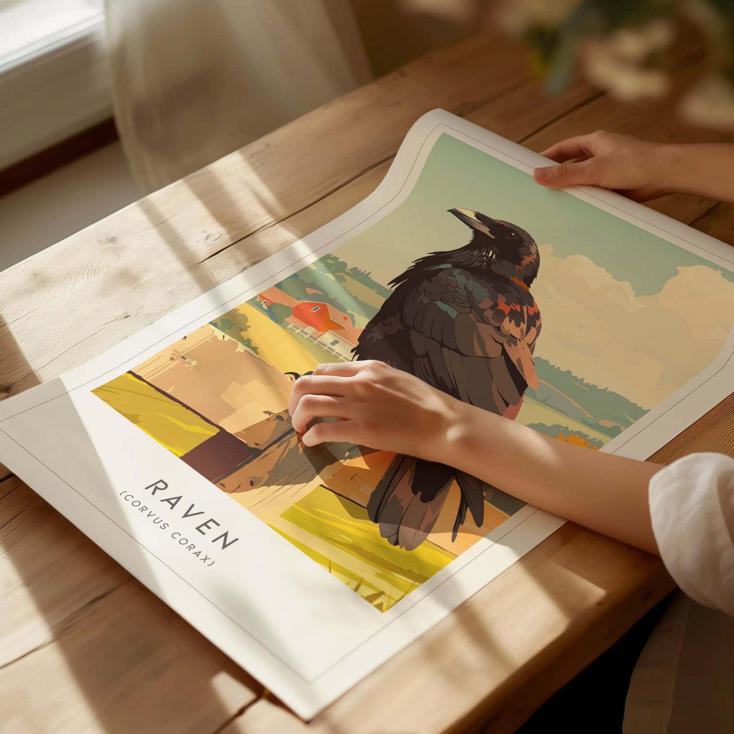 Stylized raven perched on a wooden post with a serene pastoral landscape, perfect wildlife art for nature lovers and farmhouse decor.