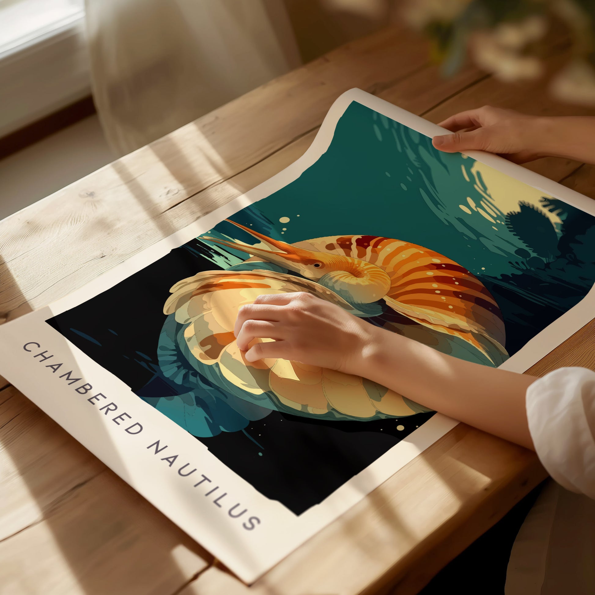 Chambered Nautilus Poster | Golden Spiral Shell Wildlife Wall Art — giclée print detail on matte paper