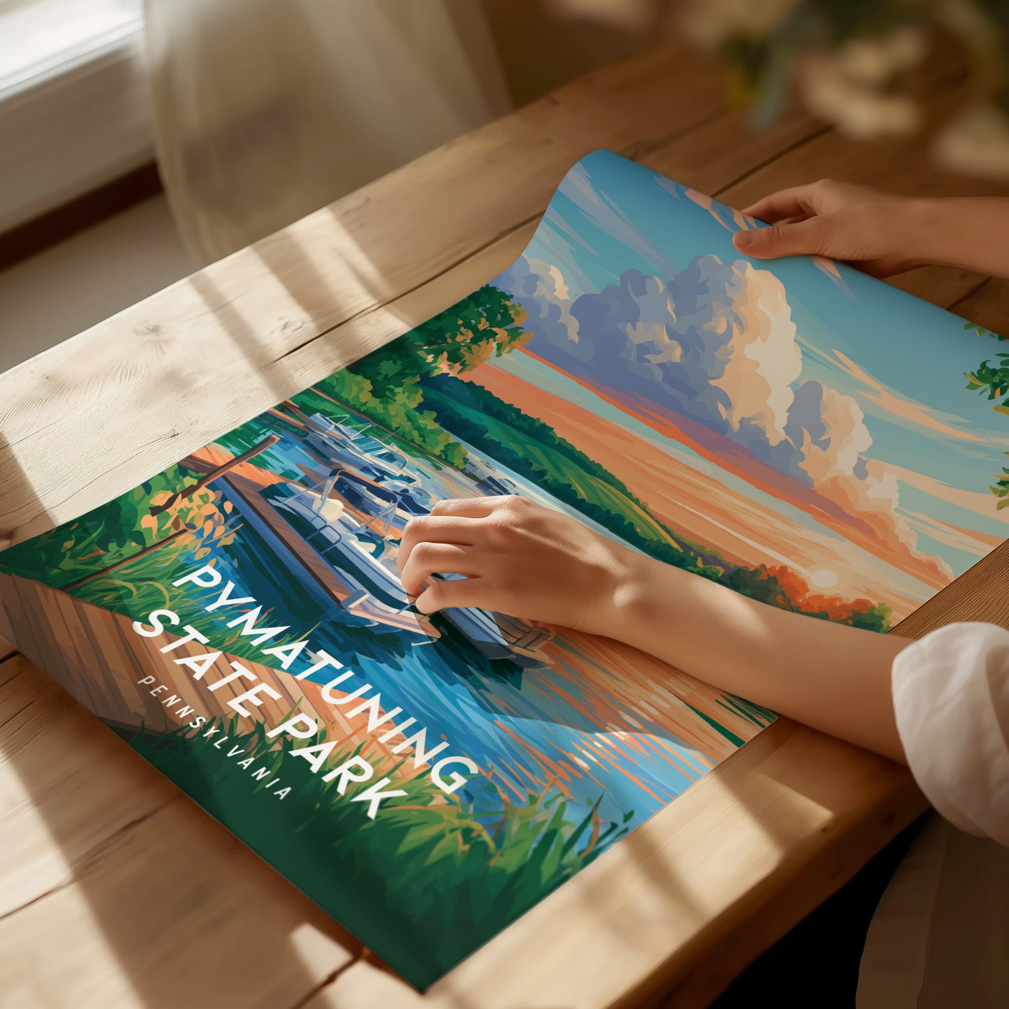 Pymatuning State Park, Pennsylvania Poster | Lakeside Geese & Spillway Wall Art — giclée print detail on matte paper