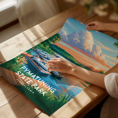 Pymatuning State Park, Pennsylvania Poster | Lakeside Geese & Spillway Wall Art — giclée print detail on matte paper