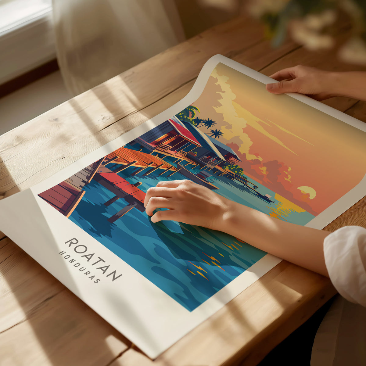Roatan Matte Border Poster | Honduras Tropical Beach Print Travel Wall Art — giclée print detail on matte paper