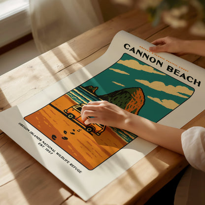 Cannon Beach Oregon Vintage Poster | Haystack Rock Pacific Coast Wall Art