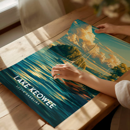 Lake Keowee, South Carolina Poster | Lakeside Mountain Retreat Wall Art — giclée print detail on matte paper