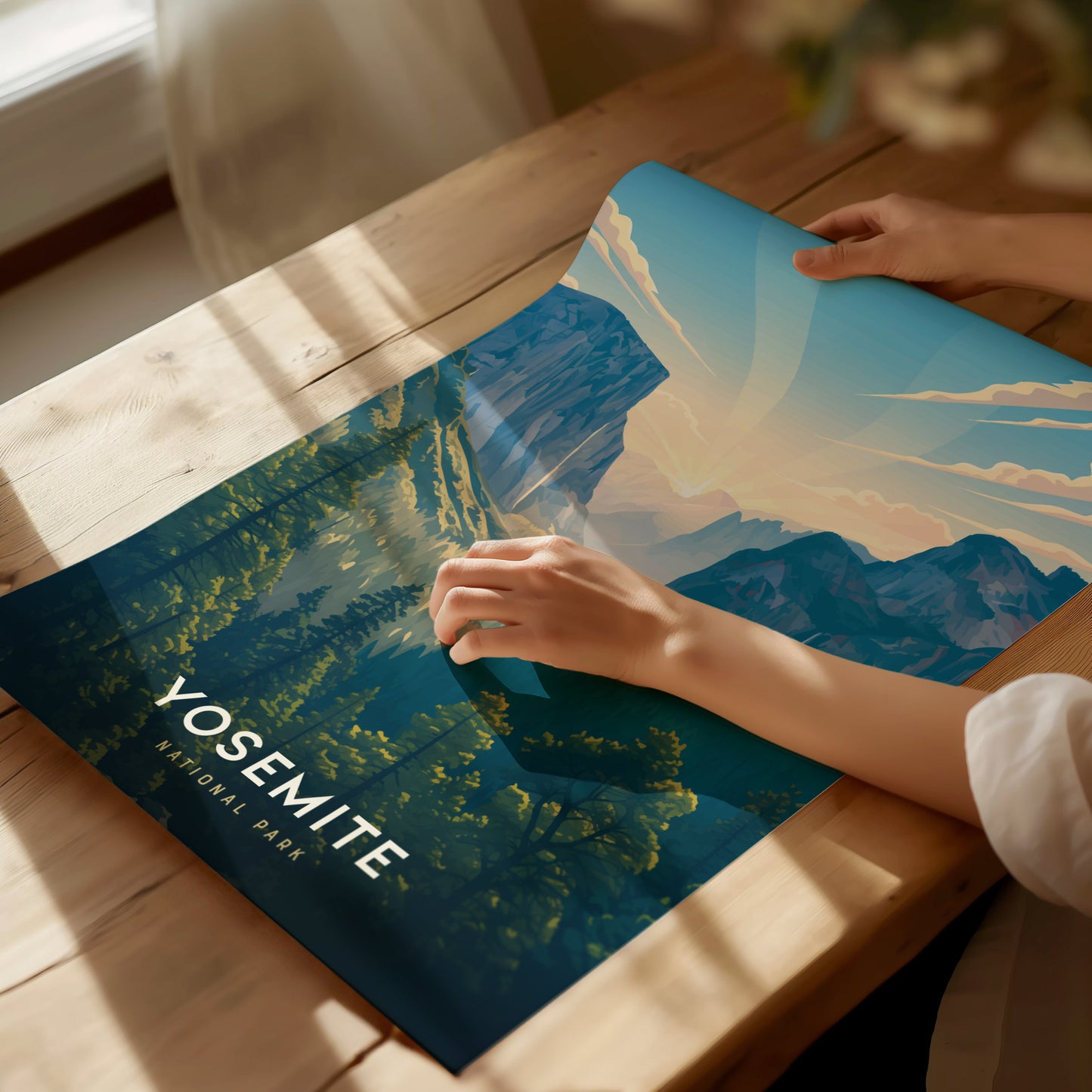 Unframed Yosemite National Park California art print laid flat on a tabletop showing the full illustration and text