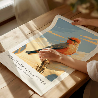 Vermilion Flycatcher, Pyrocephalus obscurus Poster | Brilliant Songbird Nature Poster Wall Art — giclée print detail on matte
