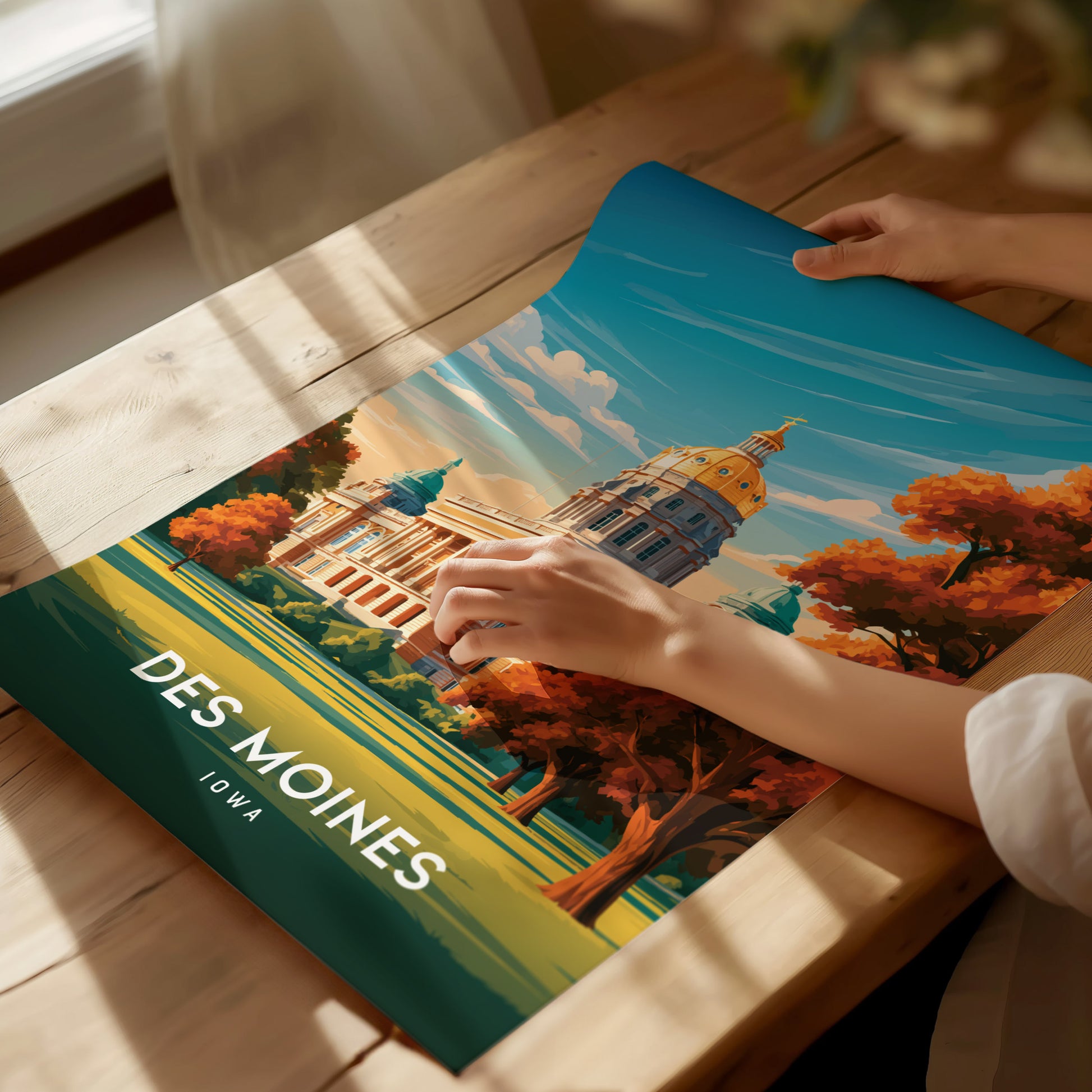 Des Moines, Iowa Poster | Golden Dome & Skyline Destination Print Wall Art — giclée print detail on matte paper