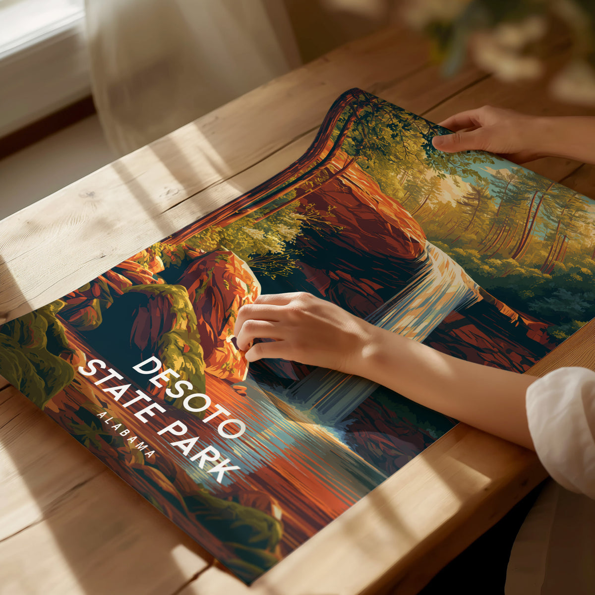 DeSoto State Park, Alabama Poster | Waterfalls & Woodland Trail Wall Art — giclée print detail on matte paper