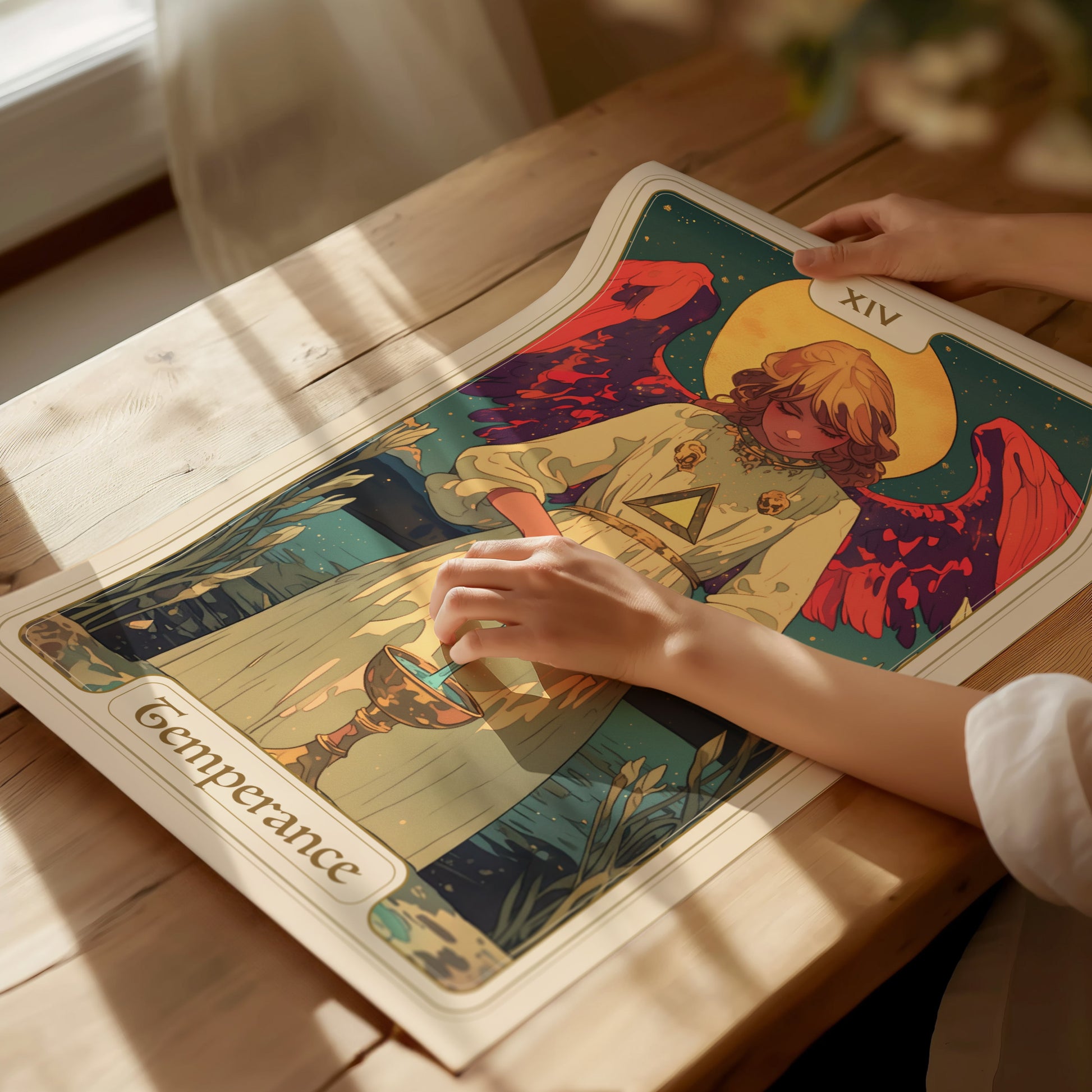 Framed Temperance tarot poster featuring an angel with red wings pouring water between two cups, embodying balance and serenity in vibrant colors.