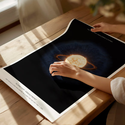 Unframed Planetary Engulfment NASA JWST poster printed on matte archival paper laid flat on a tabletop