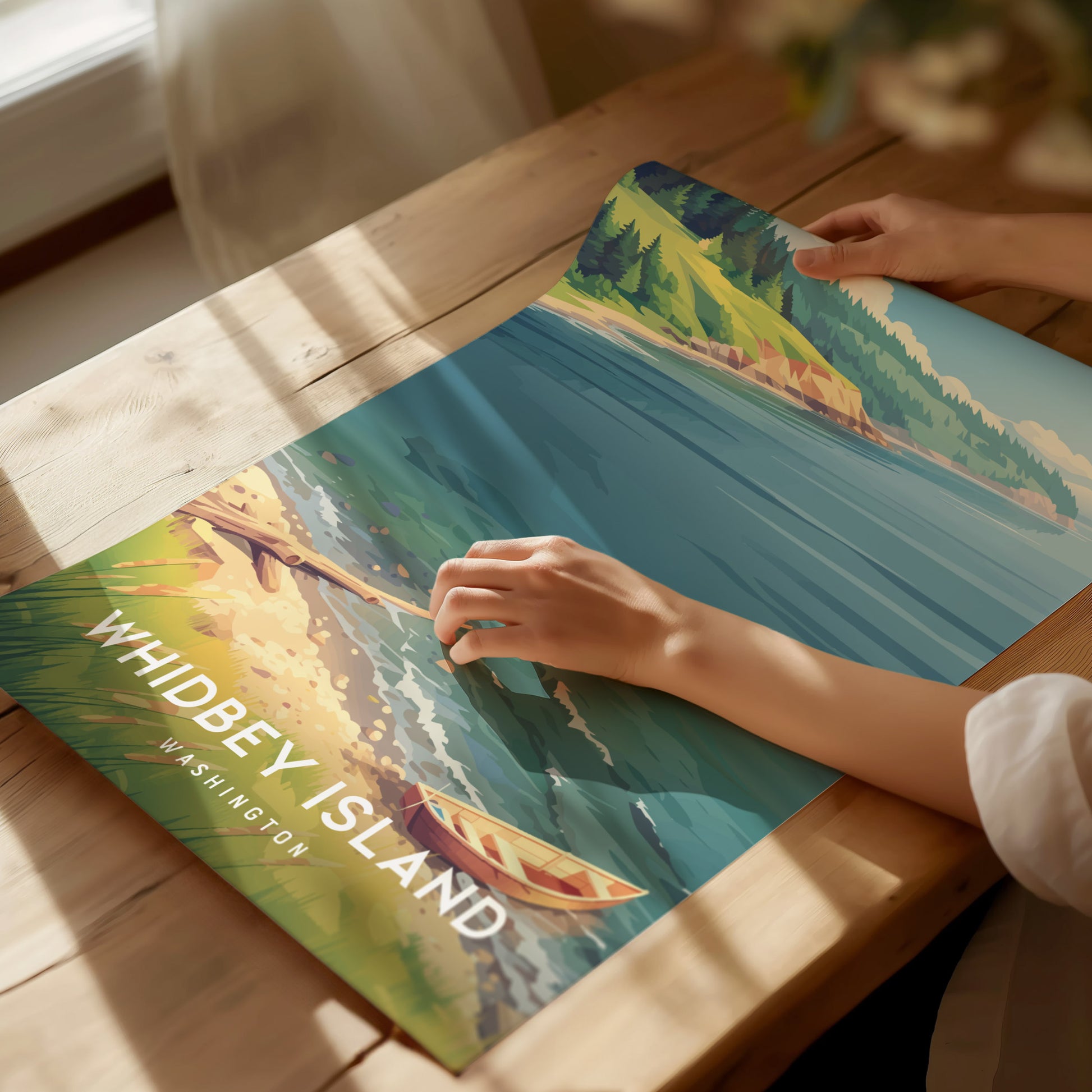 Whidbey Island, Washington Poster | Evergreen Shores & Sailboat Wall Art — giclée print detail on matte paper
