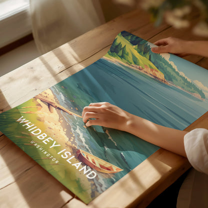 Whidbey Island, Washington Poster | Evergreen Shores & Sailboat Wall Art — giclée print detail on matte paper