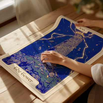 A person is gently touching a colorful poster of The Tower Tarot card, which features a tall, stylized tower amidst a dramatic blue background with lightning and falling debris.