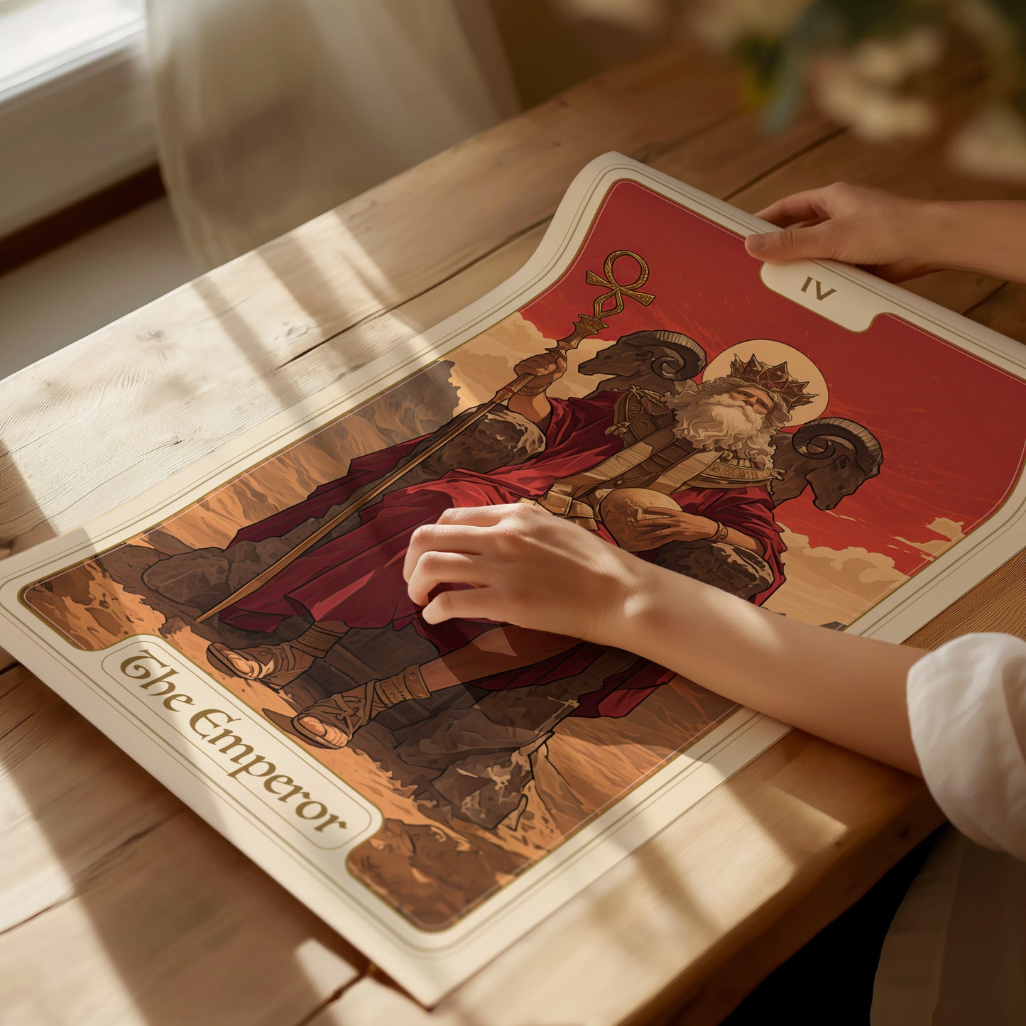 A person adjusts an Emperor Tarot Card poster on a wooden table, featuring an enthroned ruler with a staff against a red background. Sunlight streams in, casting shadows.