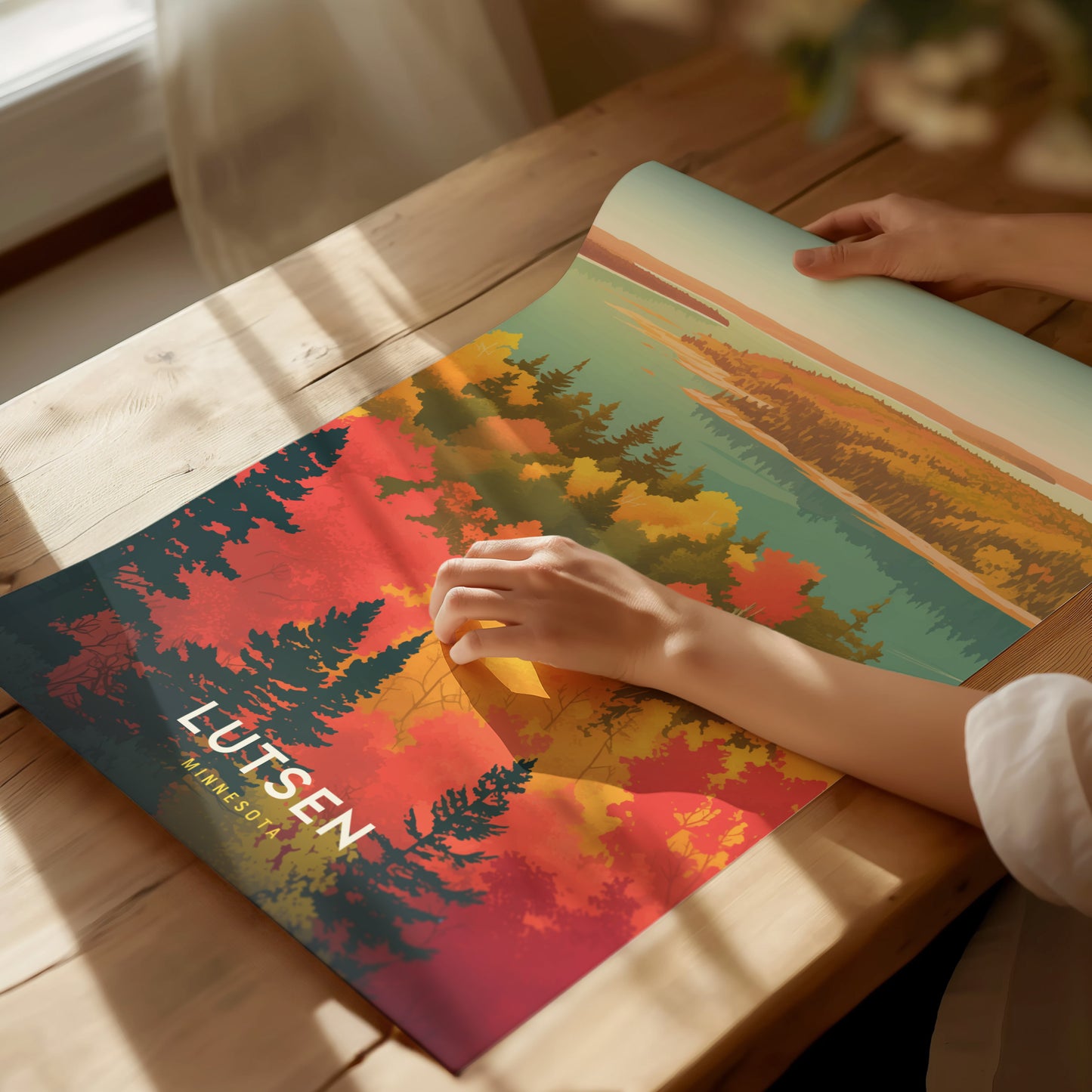 A person unrolls a vibrant Lutsen, Minnesota poster depicting colorful autumn foliage and a serene lake on a wooden table. Sunlight casts gentle shadows across the scene.