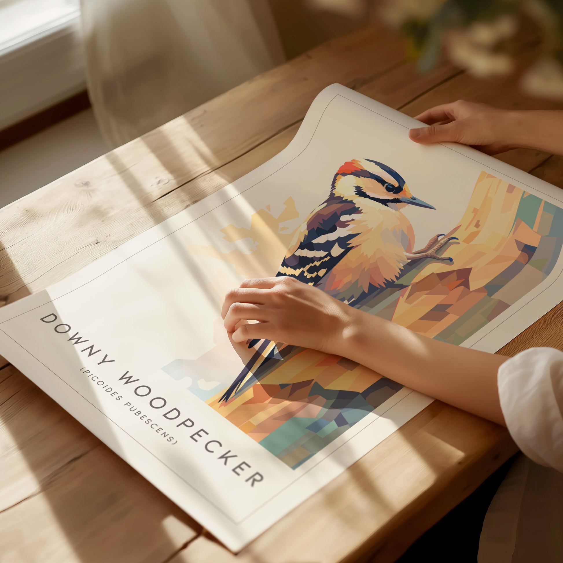 Stylized Downy Woodpecker clinging to a tree trunk in geometric design, featuring warm earth tones and cool accents, perfect for wildlife art lovers.