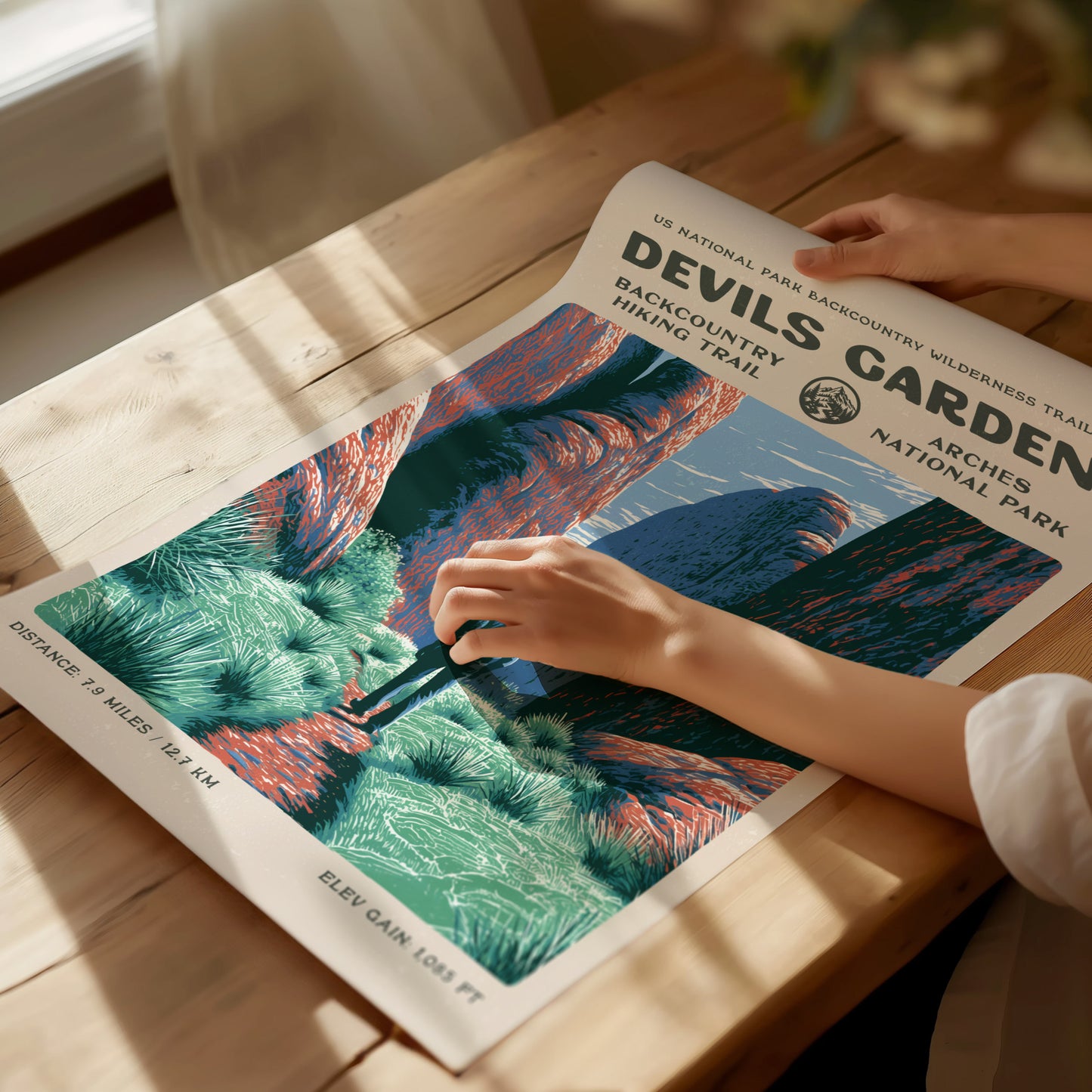 Devils Garden, Arches National Park Poster | Hiker Gift | Sandstone Fins & Arches Wall Art — giclée print detail on matte pap