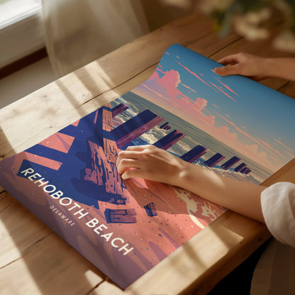 A person examines a vibrant Rehoboth Beach poster featuring a stylized boardwalk and ocean scene, with bold colors and text.