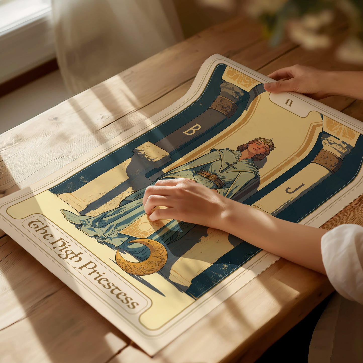 A person holds a High Priestess Tarot Poster on a wooden table, featuring a serene figure between two pillars marked B and J with soft, natural lighting.