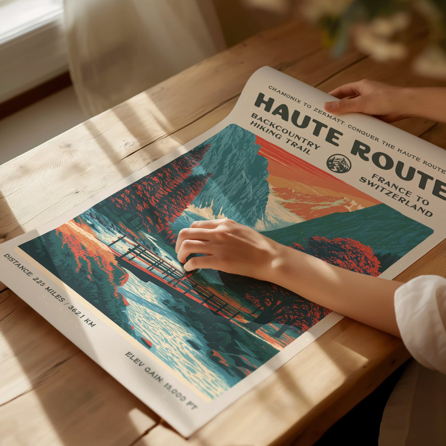 Haute Route, France to Switzerland Poster | Hiker Gift | Alpine Backcountry Trail Wall Art — giclée print detail on matte pap