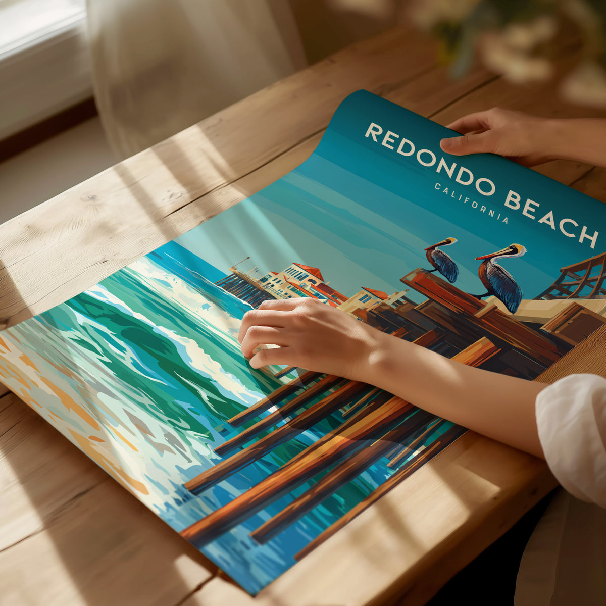 Redondo Beach, California Poster | Sun-Kissed Pier & Sailboat Wall Art — giclée print detail on matte paper
