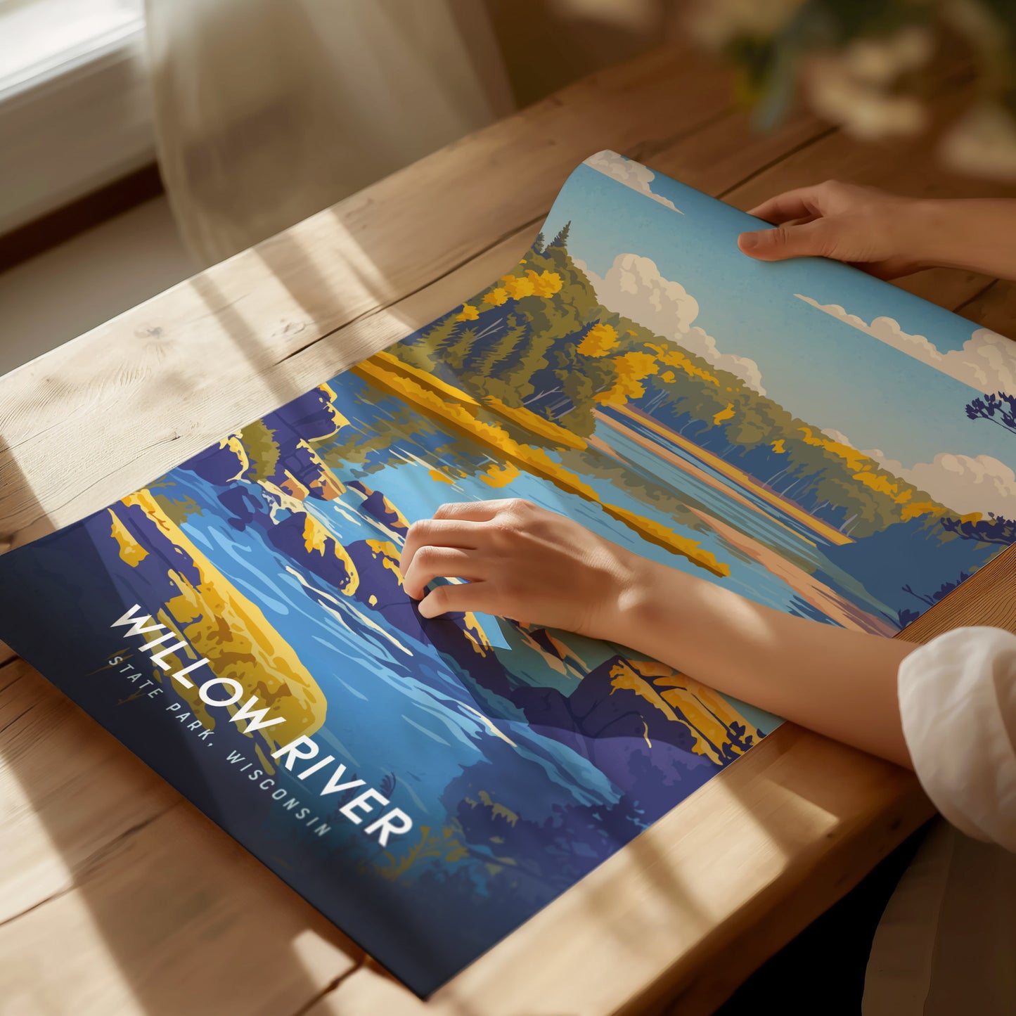 Framed Willow River State Park poster showcasing vibrant autumn foliage, a tranquil river, and stylized vintage travel art design.