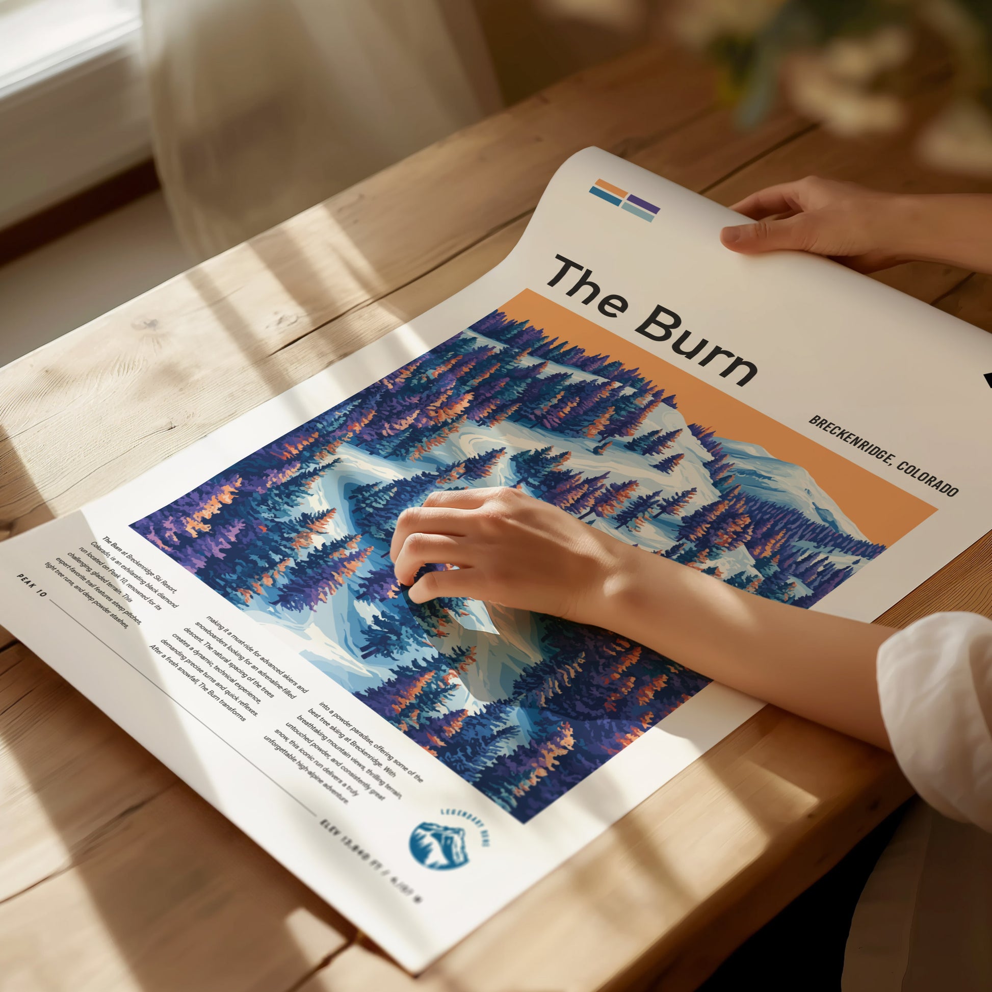 A person examines a colorful poster titled The Burn, depicting a snowy ski run flanked by tall, vibrant pine trees. Soft sunlight illuminates the wooden table surface.