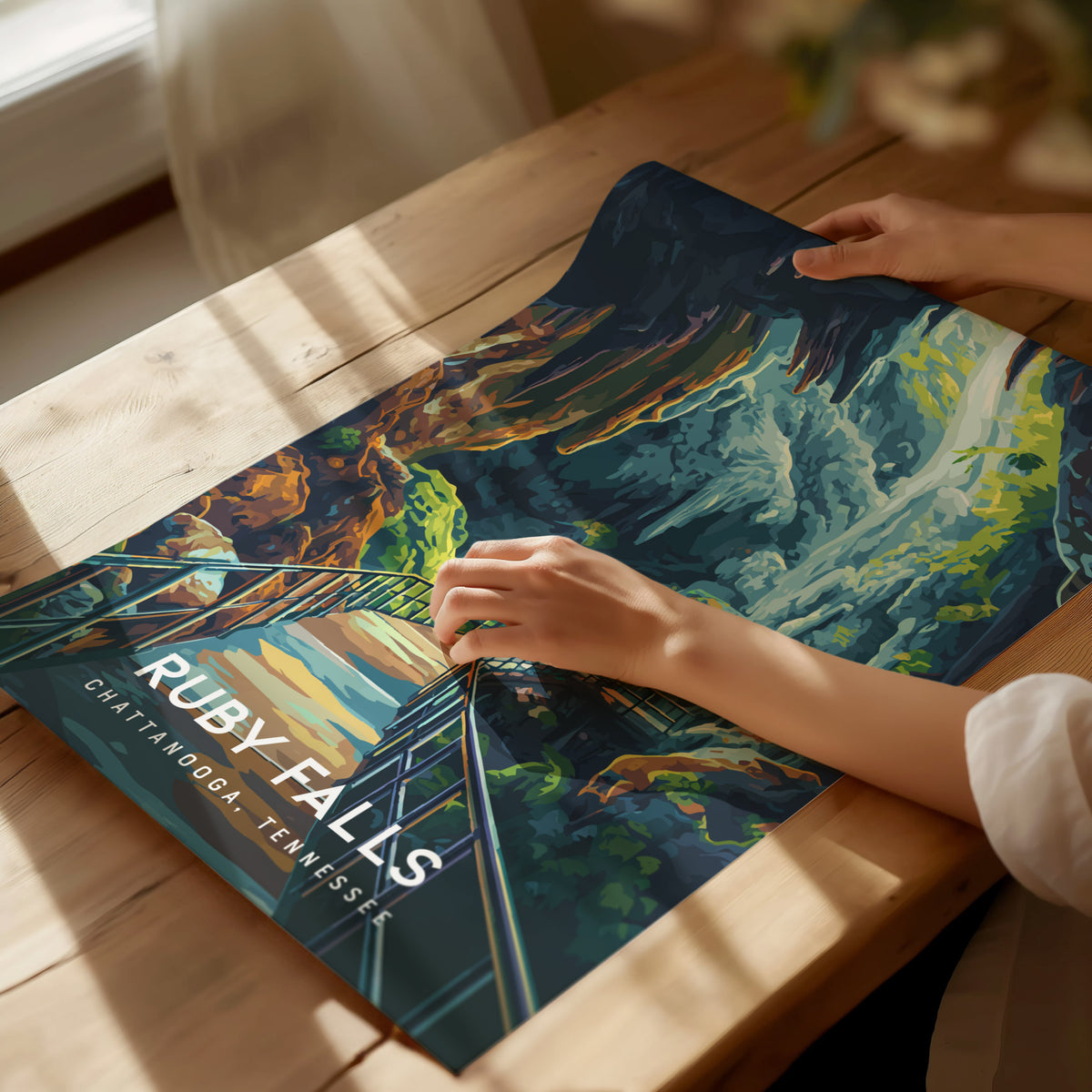 Ruby Falls, Chattanooga, Tennessee Poster | Underground Waterfall Travel Wall Art — giclée print detail on matte paper