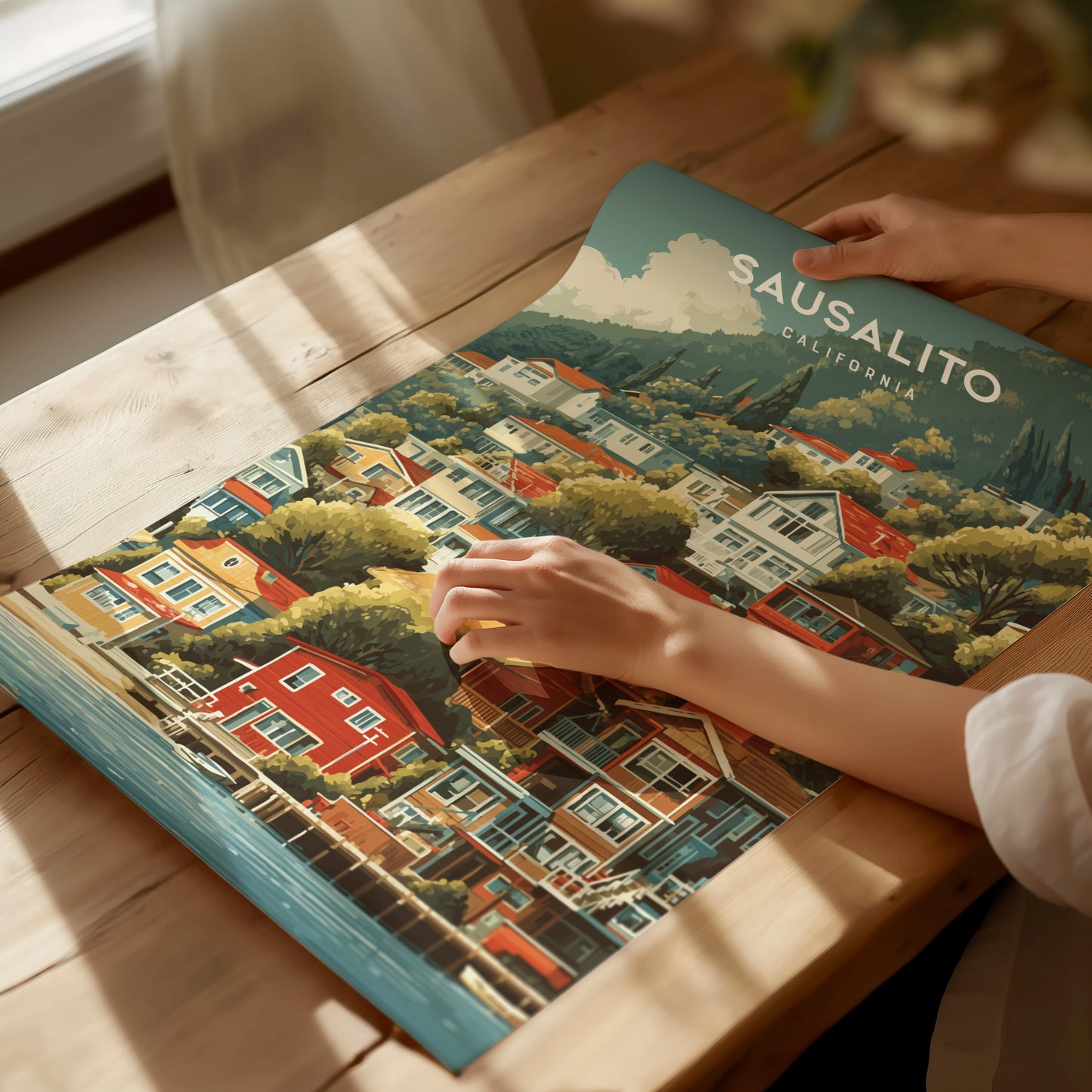 Framed vintage Sausalito, California poster showcasing colorful houses on a hillside, set against a serene coastal backdrop.