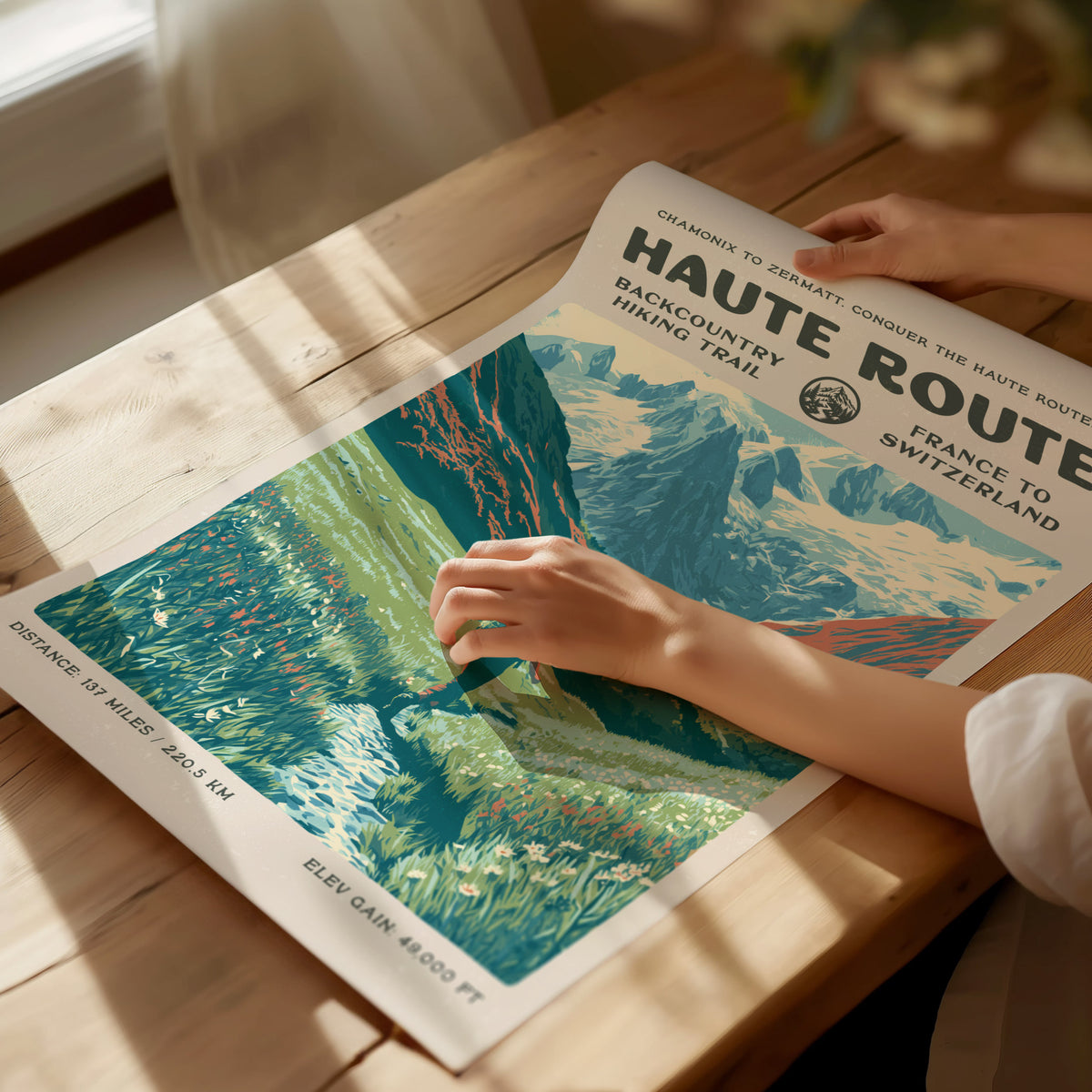 Haute Route, France to Switzerland Poster | Hiker Gift | Alpine Backcountry Trail Wall Art — giclée print detail on matte pap
