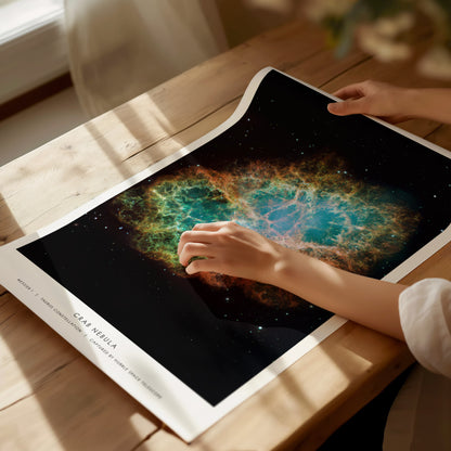 Unframed Crab Nebula art print laid flat, highlighting the swirling supernova structure and intricate nebula textures.