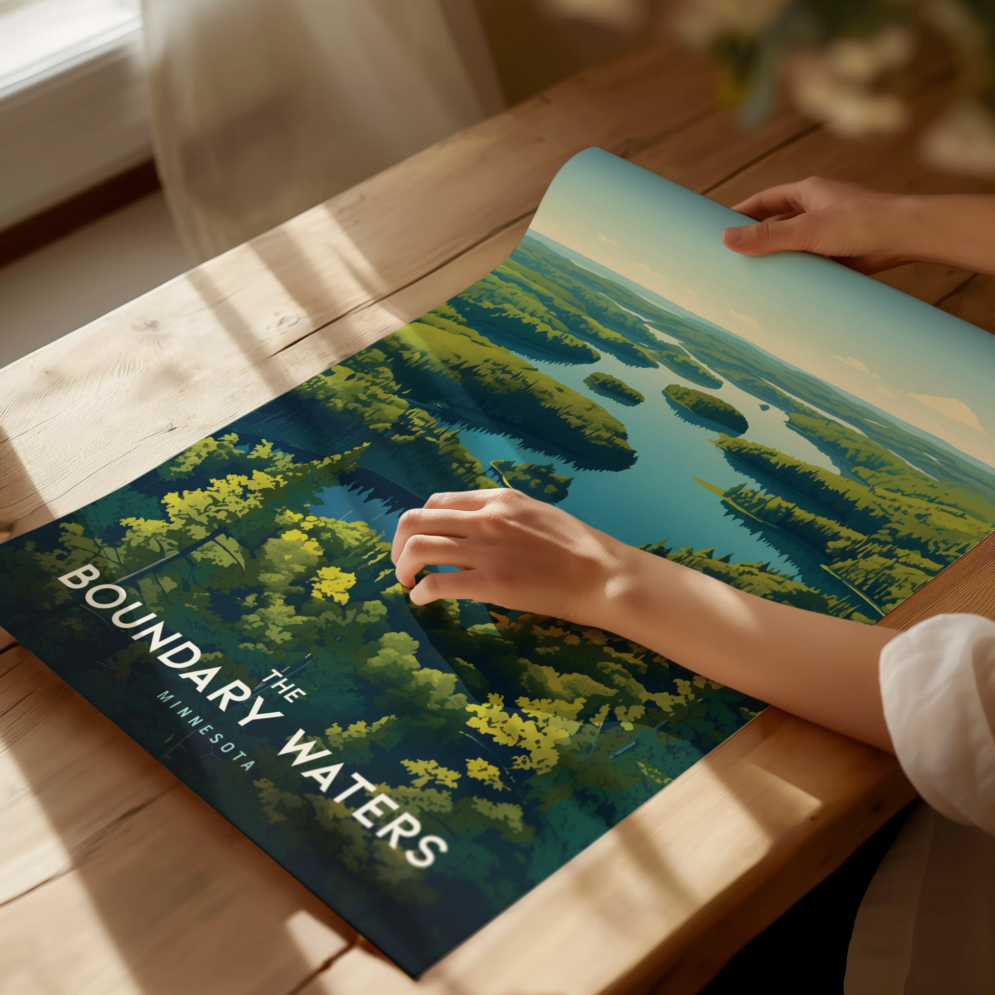 A person unrolls a vibrant poster depicting the Boundary Waters, featuring lush green islands and blue waters under a clear sky, on a wooden table.