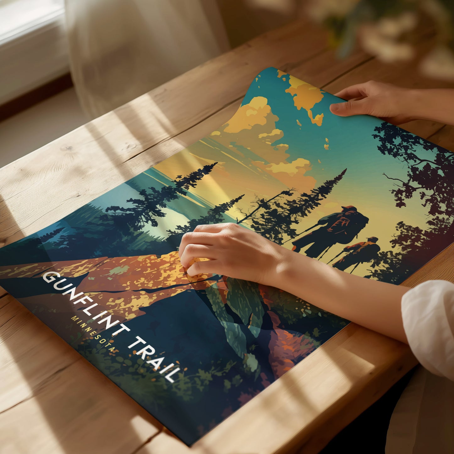 A person unrolls a colorful Gunflint Trail poster on a wooden table, featuring a scenic landscape with trees and hikers silhouetted against a vibrant sky.