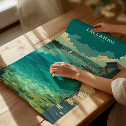 Leelanau Michigan Lake Poster | Rustic Dock Sailboat Wall Art