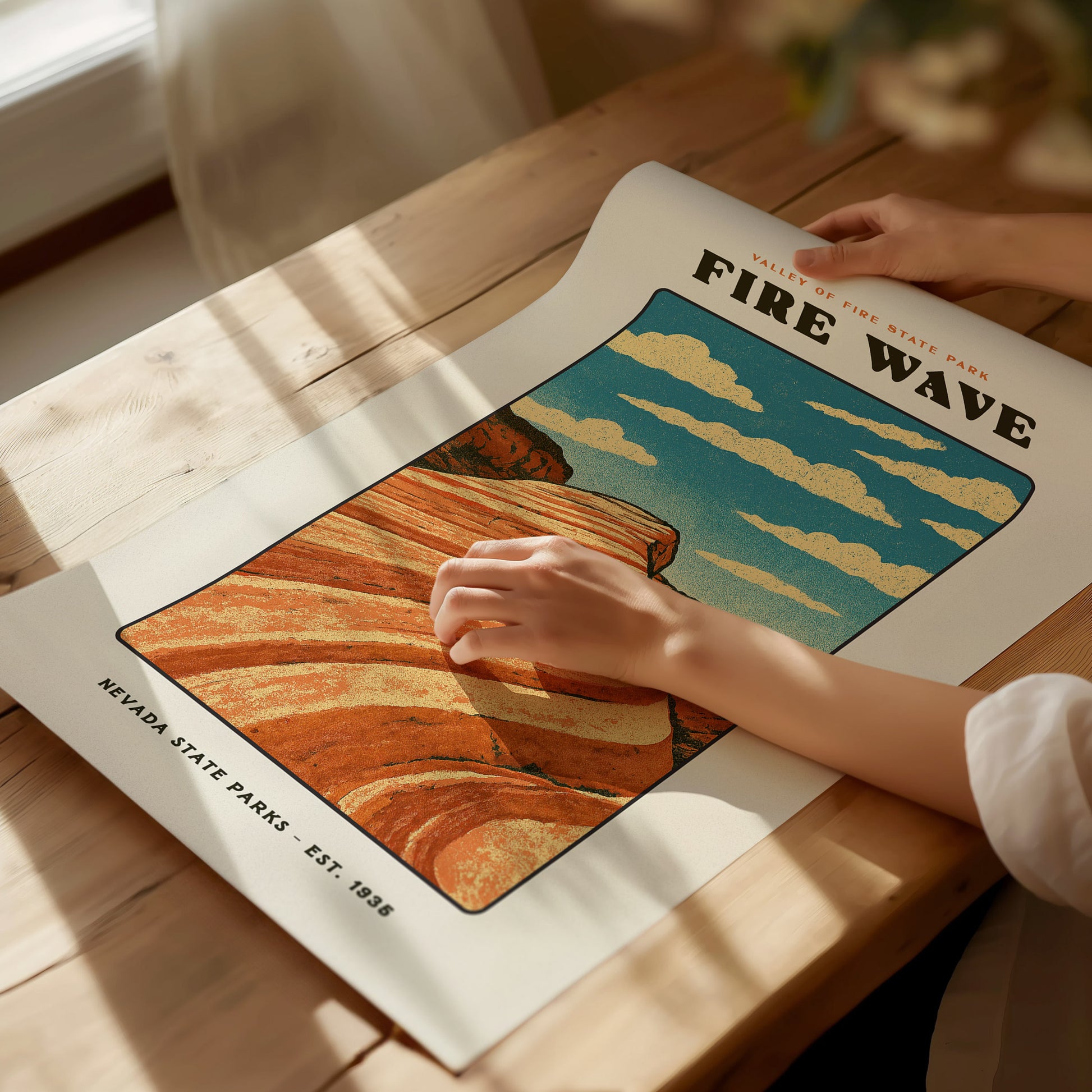 Fire Wave Valley of Fire Block Print | Vintage Nevada State Park Desert Wall Art | Framed or Unframed