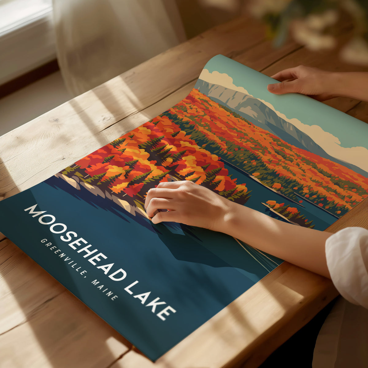 Moosehead Lake, Greenville, Maine Poster | Lakeside Wilderness Retreat Framed or Unframed Wall Art — giclée print detail on m