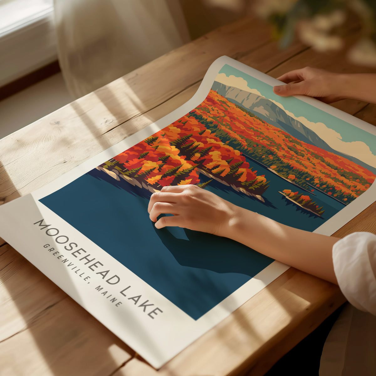 Moosehead Lake Matte Border Poster | Greenville, Maine Destination Print Travel Wall Art — giclée print detail on matte paper