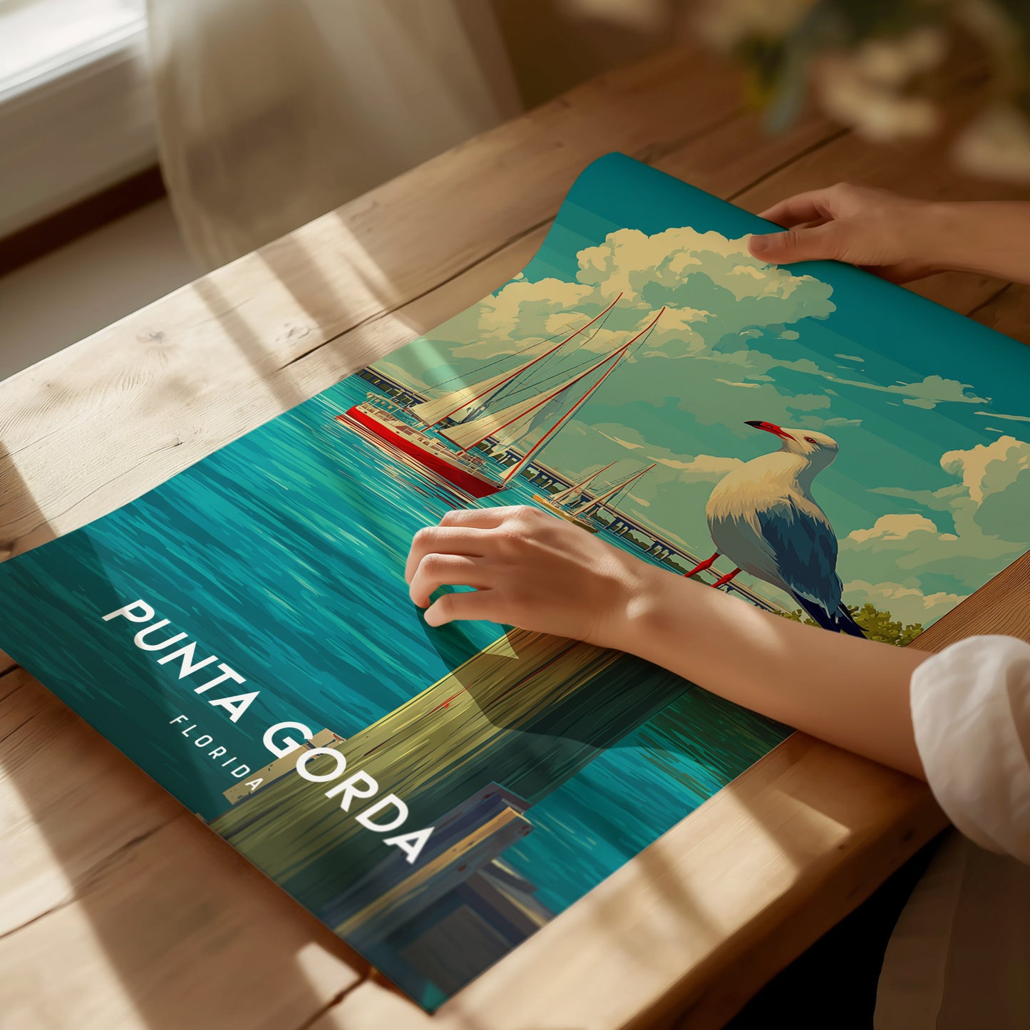 Vibrant Punta Gorda coastal poster featuring a seagull on a piling and colorful sailboats, perfect travel art for decor.