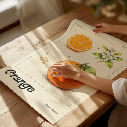 Vintage botanical illustration of an orange with cross-section, blossom, seeds, and whole fruit on a cream background.