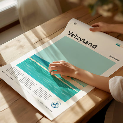 A person is gently holding a Velzyland poster featuring stylized turquoise waves and minimalist design, placed on a wooden table with soft sunlight streaming.