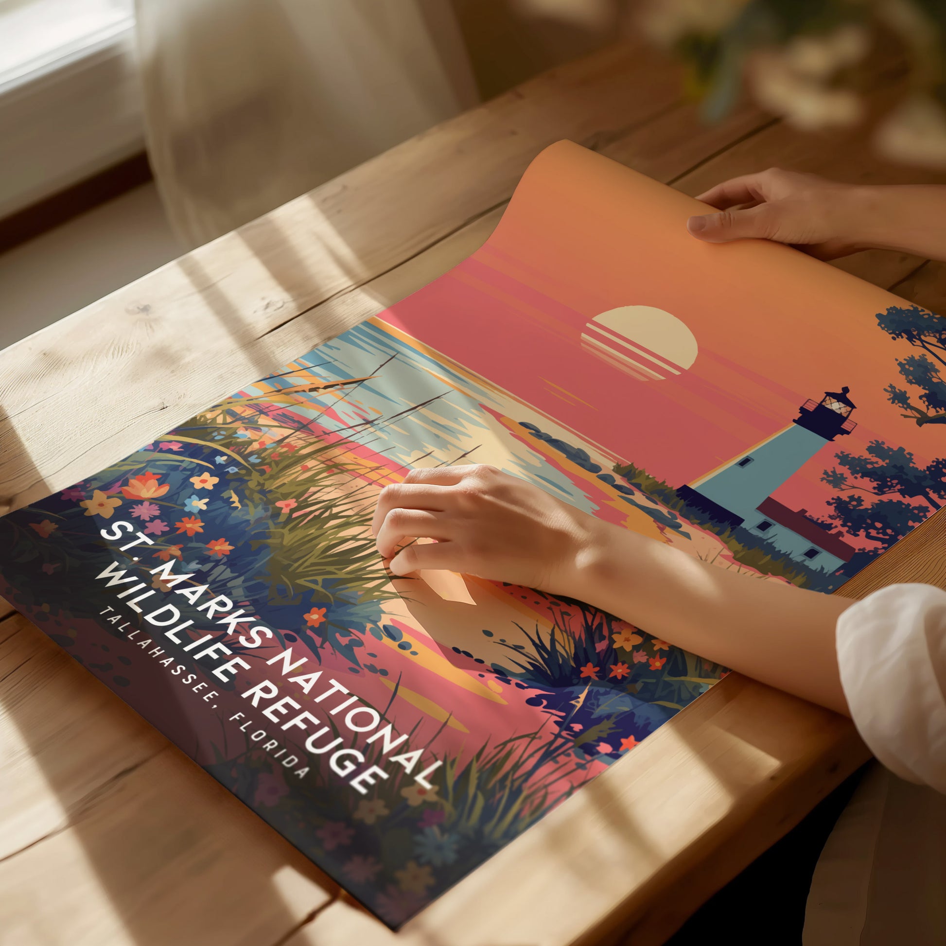 A person unrolls a vibrant poster featuring St. Marks National Wildlife Refuge, depicting a lighthouse at sunset with colorful wildflowers and marshes. Sunlight streams through a nearby window.