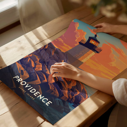 A person holds a colorful poster featuring a lighthouse at sunset, with Providence Rhode Island written below.