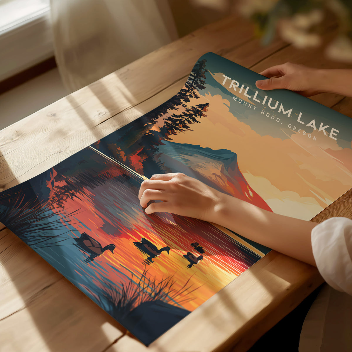 Trillium Lake, Mount Hood, Oregon Poster | Alpine Reflection Destination Print Wall Art — giclée print detail on matte paper